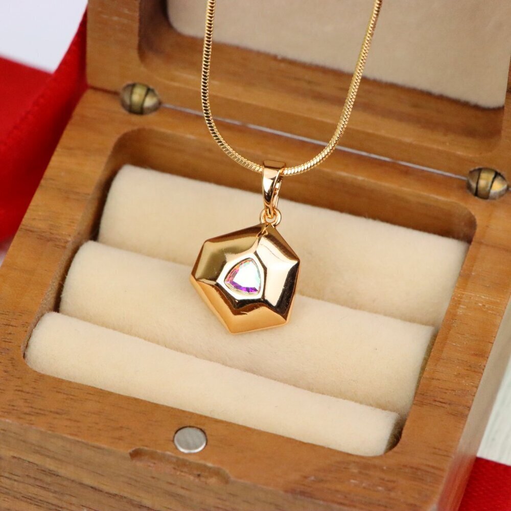 "Gold-Plated Satin White Pendant with Iridescent Center Stone, XPPT1749 - Picture 9 of 13
